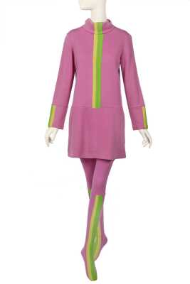 Peggy Moffitt's Rudi Gernreich lilac and green jersey mini dress and stockings, Fall 1967