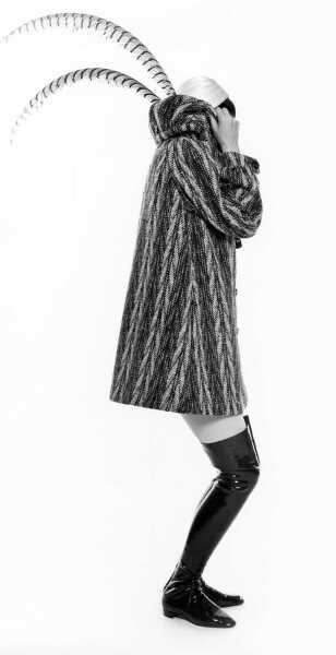 Peggy Moffitt's Rudi Gernreich striped tweed Pierrot coat and dress, Fall 1967