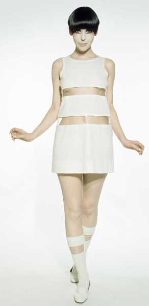 Peggy Moffitt's Rudi Gernreich cream wool jersey and vinyl mini dress and bikini, Resort 1968
