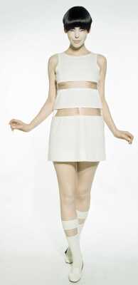 Peggy Moffitt's Rudi Gernreich cream wool jersey and vinyl mini dress and bikini, Resort 1968
