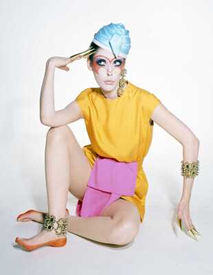 Peggy Moffitt's Rudi Gernreich saffron shantung silk 'Siamese' romper/dress, Resort 1968