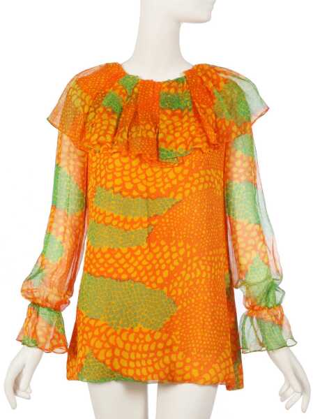 Peggy Moffitt's Rudi Gernreich printed orange and green chiffon mini dress, Spring-Summer 1969