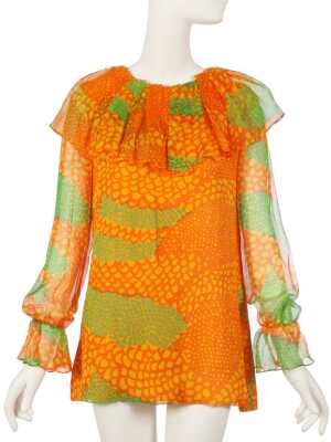 Peggy Moffitt's Rudi Gernreich printed orange and green chiffon mini dress, Spring-Summer 1969